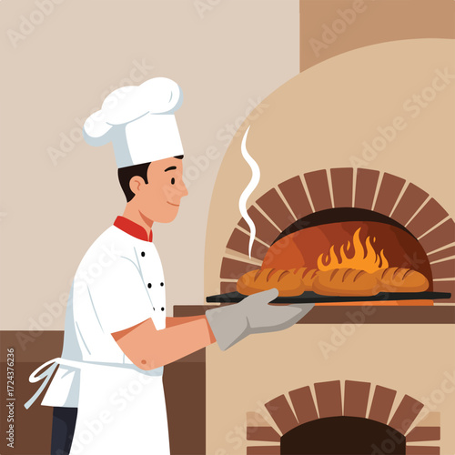 Baker pulls bread from oven