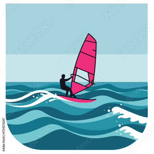 Silhouette windsurfer with pink sail on wavy blue water