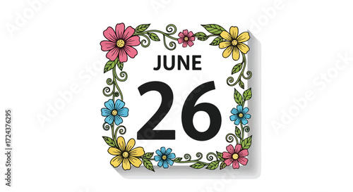 Floral calendar icon depicting the twenty sixth of June with whimsical flower arrangement to celebrate national holidays and observances