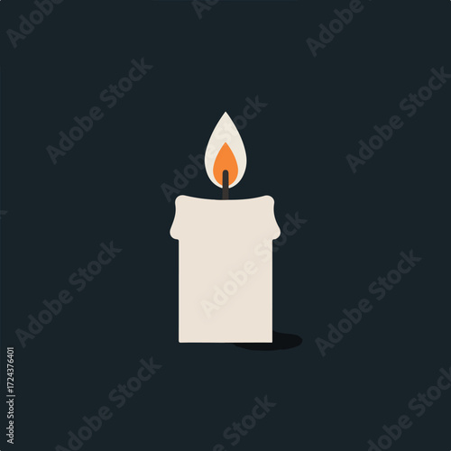 Lit candle with melting wax, short black wick and small flame