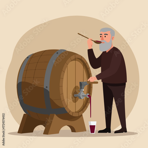 Cartoon man tasting wine from barrel with spoon, glass filling