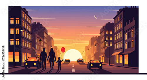 Sunset Serenade: A Family Stroll Through the Cityscape Silhouette at Twilight Hour