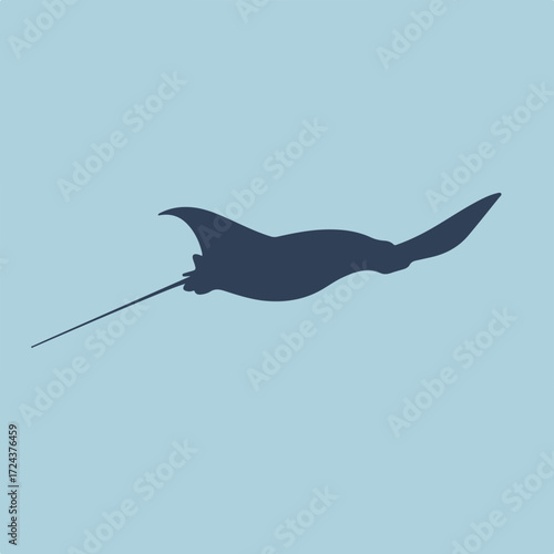 Flat, navy stingray silhouette gliding in light-blue background, tail flowing