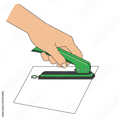 Hand operates green paper hole punch on blank paper sheet, hole visible