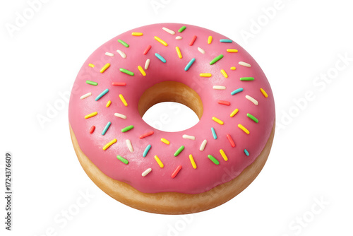 Pink iced donut with colorful sprinkles on transparent background