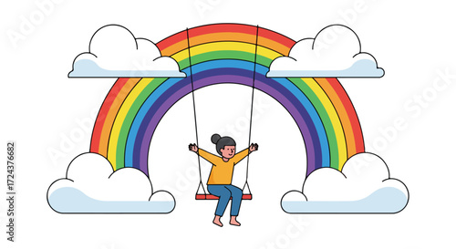 Serene Swing: A Childlike Joyful Moment Beneath a Vibrant Rainbow Sky Illustration Depicting Happiness and Wonder with Fluffy Clouds Around