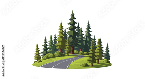 Scenic forest road illustration with evergreen trees and lush green roadside vegetation idyllic woodland landscape depicted in a vector graphics style