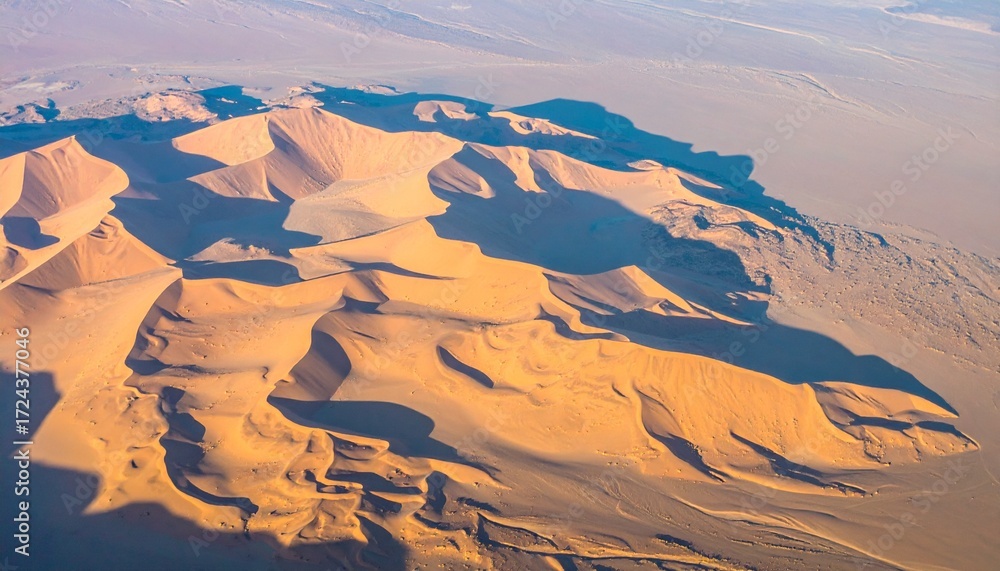 Fototapeta premium Breathtaking aerial view of sun-drenched sand dunes creating stunning natural patterns in the vast desert landscape