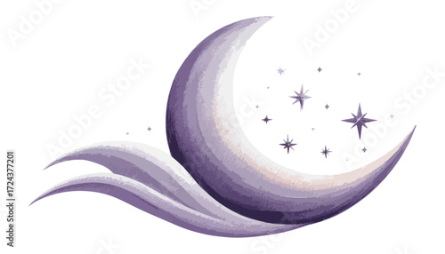 Crescent moon with stars and abstract clouds