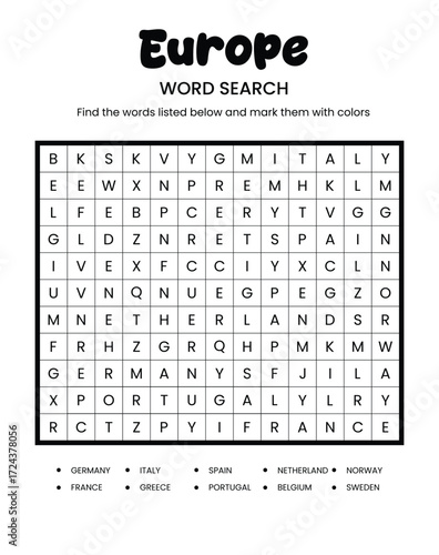 Word search design template with europe country theme for kids education