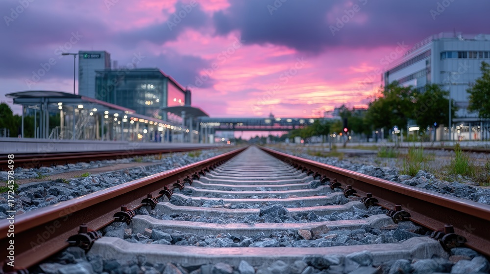 Fototapeta premium Dramatic Railway Tracks Perspective Under Vibrant Sunset Skies with Building Backdrops