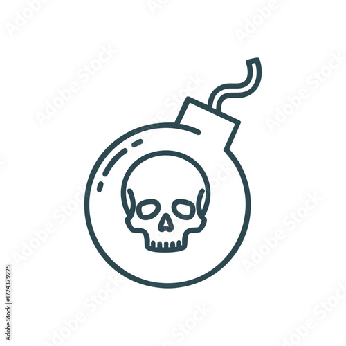 Danger Threat Bomb Warning Sign. Clean outline icon of a human cranium inside an explosive device, symbolizing extreme risk and imminent hazard.