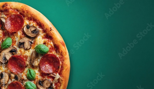 Close-up pizza with pepperoni, mushrooms, and basil