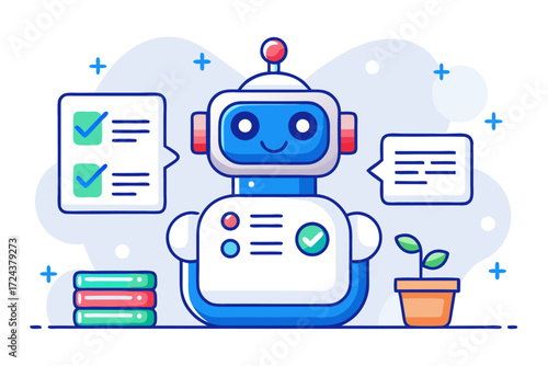 Vector flat illustration showing a man giving a star rating to an AI chatbot on a digital interface. Perfect for concepts related to customer feedback, online reviews, chatbot interaction, user satisf