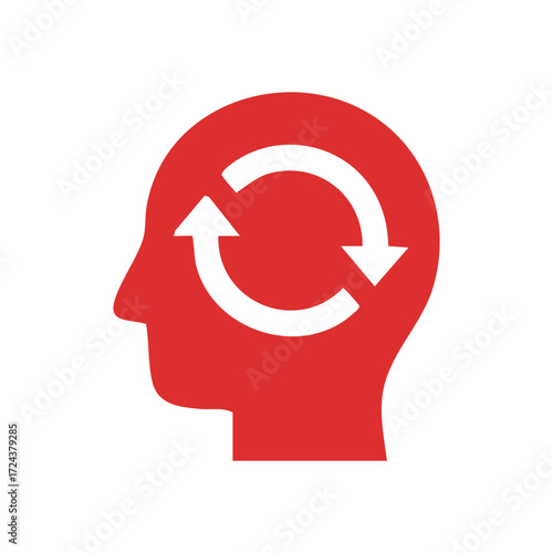 Thinking Process Cycle. A striking graphic depicts a person's profile with a constant renewal sign within, illustrating evolving cognition, memory, and problem-solving.