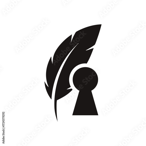 Wisdom Unlocked Quill Keyhole Graphic. This minimalist logotype blends a writing feather and an entry opening, symbolizing insight, revelation, and the power of narrative to unveil profound truths.