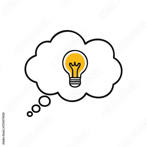 Bright Idea Thought Cloud. A glowing lamp within a speech balloon, representing a novel solution. This image conveys enlightenment, innovation, and ingenious thinking.