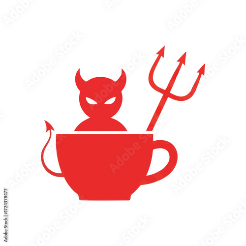 Devilishly Strong Brew. A fiery horned entity emerging from a red mug with a trident, representing potent energy and an intense caffeine kick.