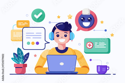 Vector flat illustration showing a man giving a star rating to an AI chatbot on a digital interface. Perfect for concepts related to customer feedback, online reviews, chatbot interaction, user satisf