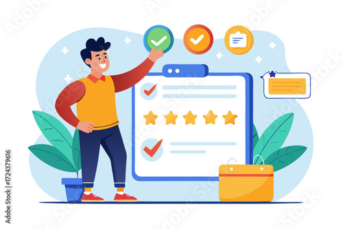 Vector flat illustration showing a man giving a star rating to an AI chatbot on a digital interface. Perfect for concepts related to customer feedback, online reviews, chatbot interaction, user satisf