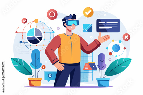 Vector flat illustration showing a man giving a star rating to an AI chatbot on a digital interface. Perfect for concepts related to customer feedback, online reviews, chatbot interaction, user satisf