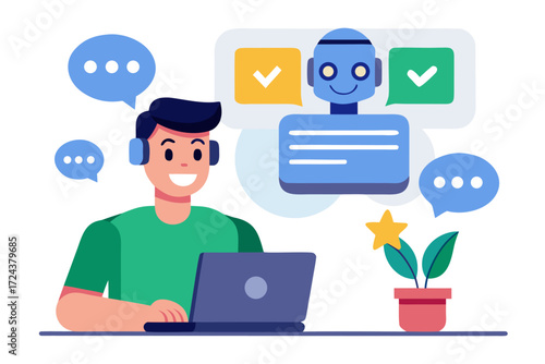 Vector flat illustration showing a man giving a star rating to an AI chatbot on a digital interface. Perfect for concepts related to customer feedback, online reviews, chatbot interaction, user satisf
