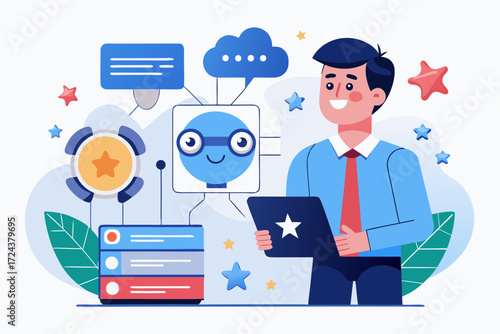 Vector flat illustration showing a man giving a star rating to an AI chatbot on a digital interface. Perfect for concepts related to customer feedback, online reviews, chatbot interaction, user satisf
