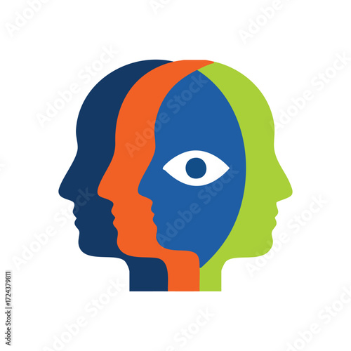 Diverse Minds, Shared Focus. Abstract human silhouettes representing varied viewpoints and collaborative understanding, with a central eye symbolizing insight and perception.