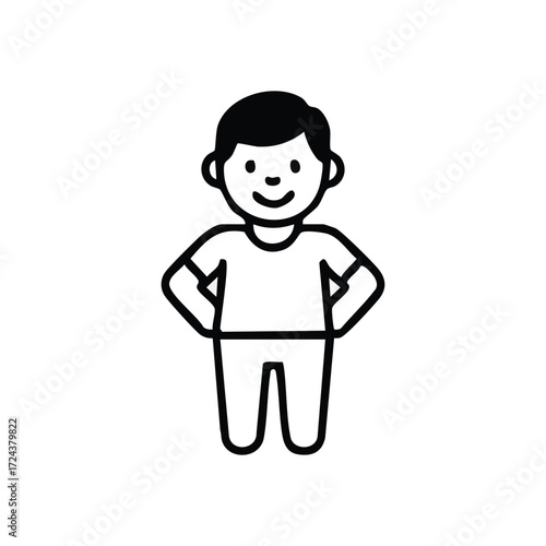 Smiling Boy Confidence Outline. Cheerful youngster with hands on hips, radiating joy and self-assurance. Represents positivity, readiness, and childhood happiness.