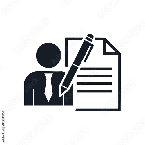Professional Document Signing. Minimalist icon illustrates an individual executing a formal agreement. Signifies official consent, important registration, and secure contractual commitment.