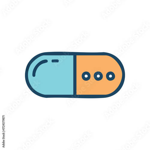 Digital Health Capsule Icon. This vibrant illustration features a two-toned medication symbol with ellipsis, conveying online consultation, mental processing, or ongoing medical support.