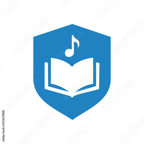 Musical Literacy Shield Emblem. This vibrant blue crest displays an open book with a melodic note, symbolizing protected artistic knowledge and comprehensive sound education.