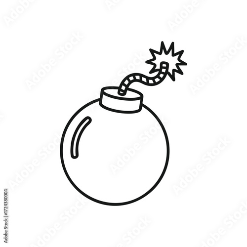 Classic Bomb Icon with Burning Fuse. Simple outline of a vintage explosive with an ignited wick. It symbolizes danger, urgency, critical situations, or impending events.