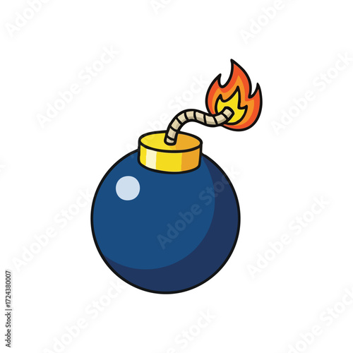 Burning Fuse Bomb Graphic. Classic dark blue explosive with an ignited wick, symbolizing impending danger, urgency, or an exciting game challenge. Vector drawing.