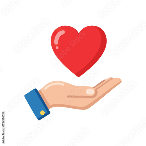 Hand Offering a Red Heart. A gentle palm conveys profound affection and generosity. This emblem represents charity, wellbeing, and selfless acts of support, fostering connection and deep empathy.