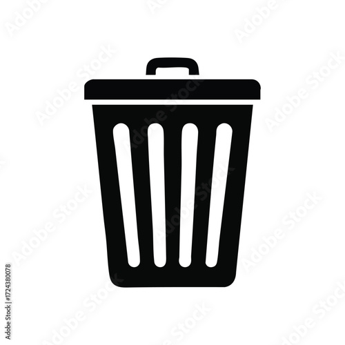 Digital Deletion Waste Can Icon. Clean black pictogram of a discard container on white, representing removal, organization, or eliminating unwanted elements. Perfect for user interfaces.