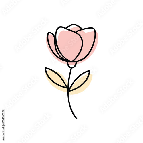 Elegant Bloom Line Drawing. A contemporary floral illustration featuring a graceful pink blossom. Its delicate contours represent natural beauty, growth, and gentle affection.