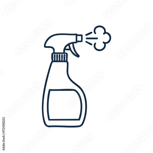 Sanitizing Spray Bottle Outline. Minimalist vector design of a trigger bottle dispensing liquid, conveying concepts of hygiene, purity, and household maintenance.