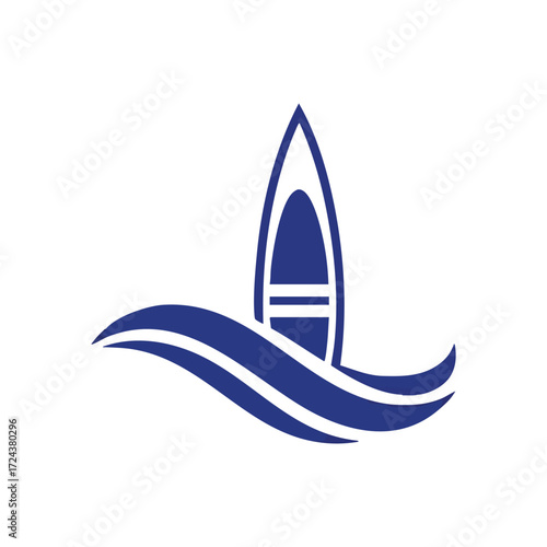 Abstract Boat on Waves Design. This minimalist navy vessel icon gracefully depicts water currents. It symbolizes exploration, journey, and tranquil maritime navigation.