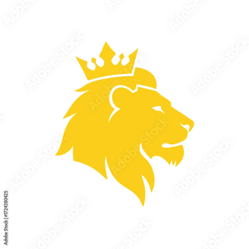 Golden Crowned Lion Profile Emblem. Regal feline icon representing ultimate power and leadership. This majestic animal embodies courage, authority, and noble dominion.