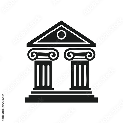 Greek Temple Outline Emblem. Clean graphic showing a classical edifice with pillars, conveying law, justice, finance, education, and historical authority.