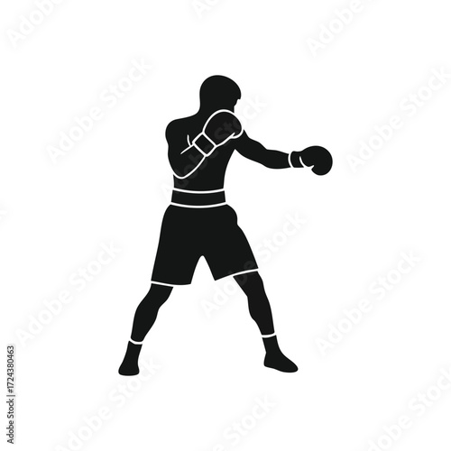 Boxing Fighter Silhouette. Dynamic vector illustration of a pugilist in an athletic stance, symbolizing power, determination, and competitive spirit. Perfect for sports designs.