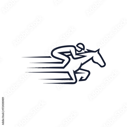 Jockey Riding Racing Horse Speed Icon. Sleek emblem of an equestrian athlete on a galloping steed, capturing swift motion, power, and the thrill of competitive victory. Represents agility and success.