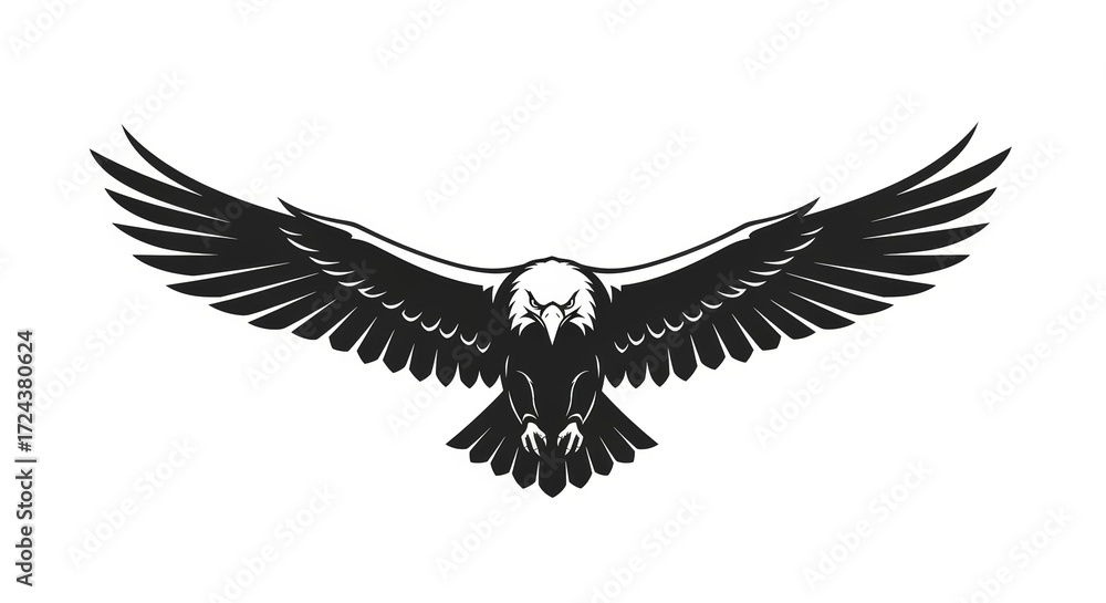 Obraz premium Symmetrical Black and White Soaring Eagle with Fierce Gaze, a Powerful Graphic Emblem.