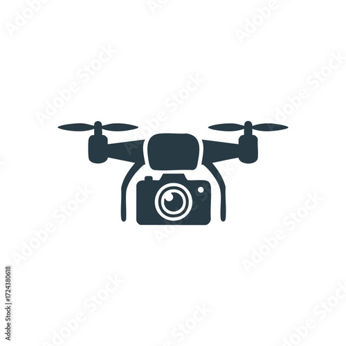 Aerial Photography Drone Graphic. This emblem depicts a sleek, remote controlled craft with integrated imaging equipment. It symbolizes cutting edge tech and new visual perspectives.