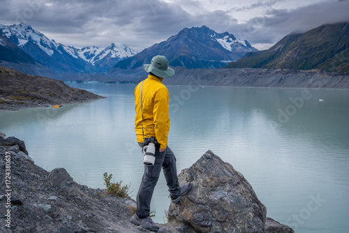 trekking rout where we can see turquoise lake ,snow cap mountain , Glacier ,iceberg ,beautiful Aoraki mt. Cook Hooker Valley track and Tasman lake glacier South Island New Zealand 