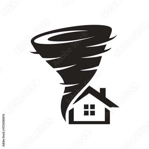 Tornado Threatening Home Icon. Stylized symbol of a powerful hurricane approaching a residential building. It conveys natural disaster risk, property vulnerability, and insurance concept.