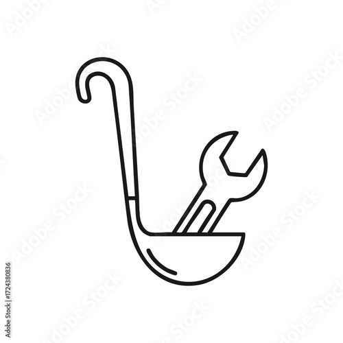 Ladle Wrench Kitchen Repair Service. A line graphic depicting a soup dipper containing a spanner. This visual represents culinary maintenance, catering business upkeep, or gastronomy solutions.