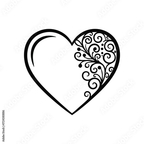 Ornate Filigree Heart Illustration. A beautiful graphic representation of affection, showcasing an intricate scrollwork motif within its graceful form. Conveys profound sentiment and stylish devotion.