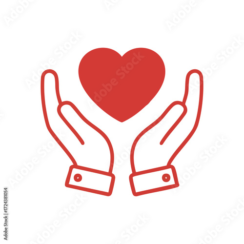 Hands Holding Red Heart Icon. Human palms gently cradling a vibrant crimson emblem, signifying compassion, generosity, wellness, and global solidarity.